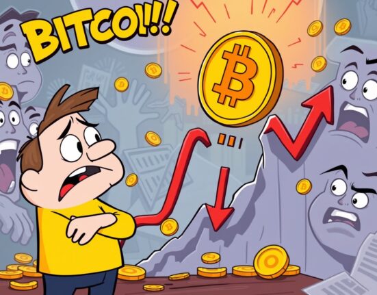 Bitcoin price falling dramatically in cartoon illustration showing market volatility