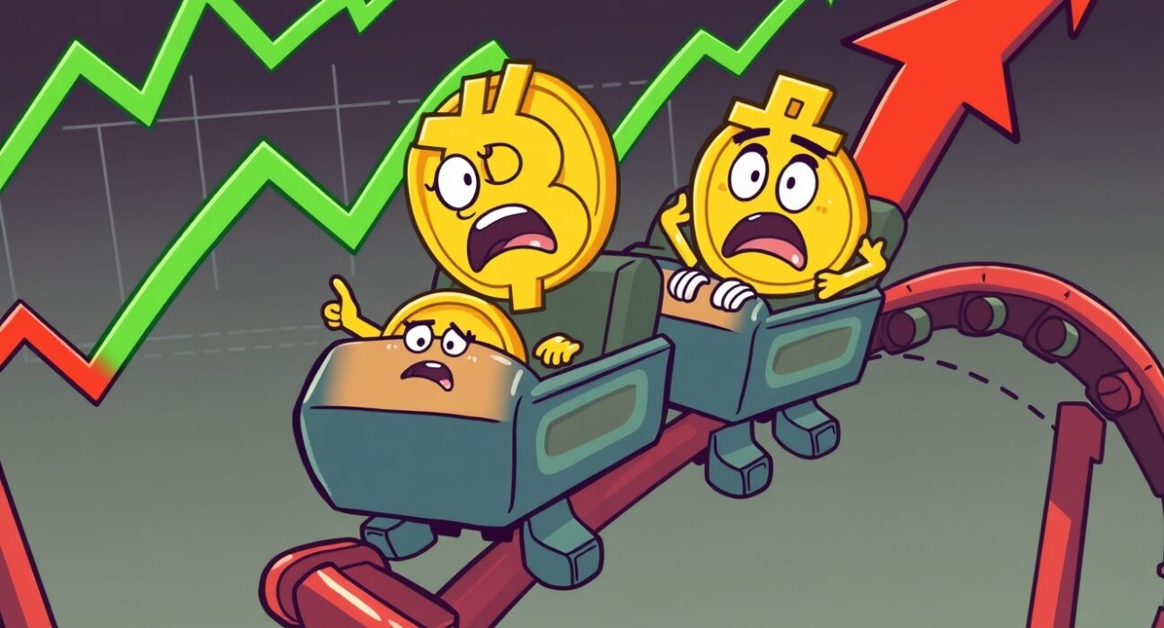 Bitcoin price dropping dramatically on a financial chart in cartoon illustration style