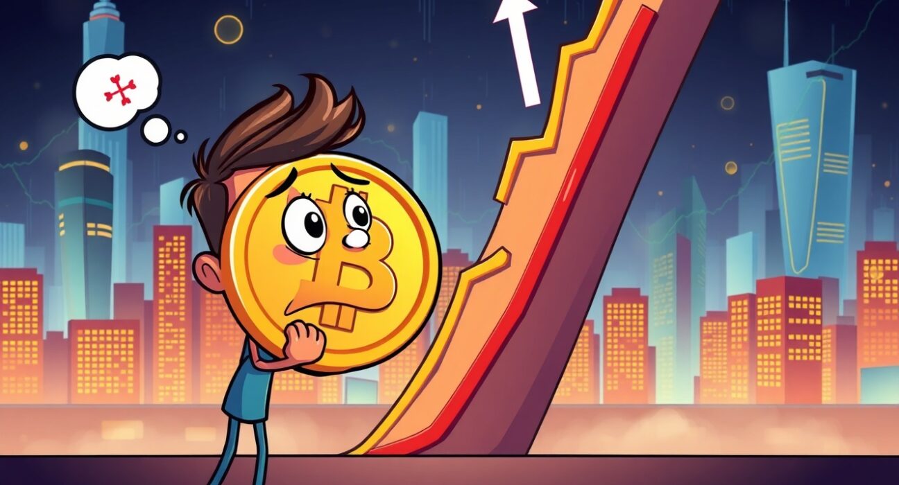 Bitcoin price dropping dramatically on a colorful financial chart with worried investor character