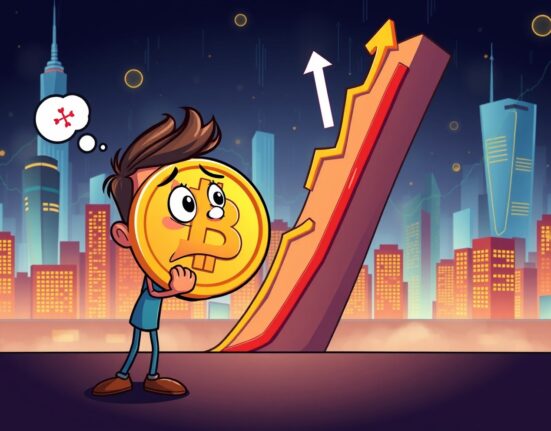 Bitcoin price dropping dramatically on a colorful financial chart with worried investor character