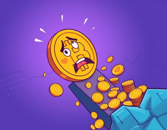 Bitcoin price falling dramatically in cartoon illustration showing market volatility