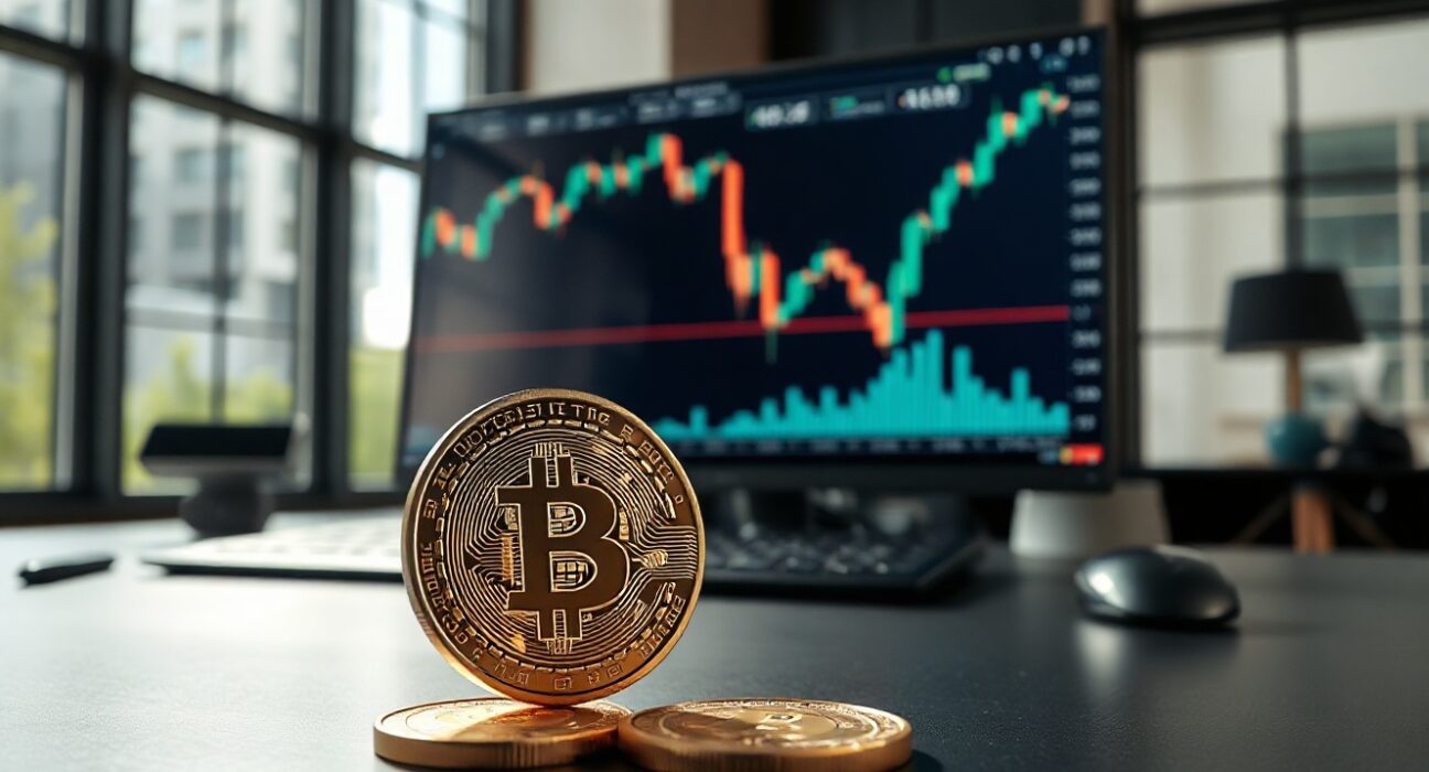 Bitcoin coin in front of a trading screen showing a declining price chart