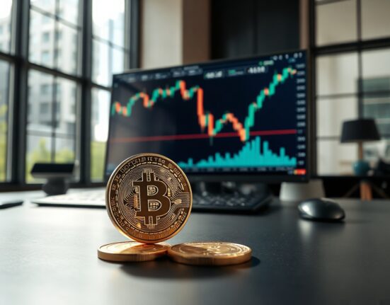 Bitcoin coin in front of a trading screen showing a declining price chart