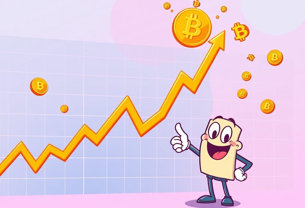 A cartoon illustration showing the Bitcoin price chart soaring upwards, indicating a significant BTC surge in the crypto market.