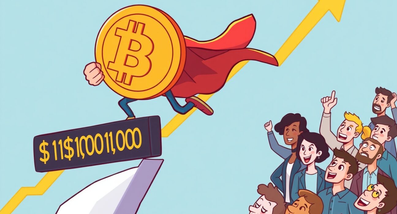A cartoon Bitcoin soaring past a $110,000 milestone, symbolizing the significant rise in Bitcoin price.