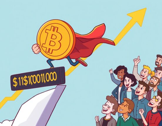 A cartoon Bitcoin soaring past a $110,000 milestone, symbolizing the significant rise in Bitcoin price.