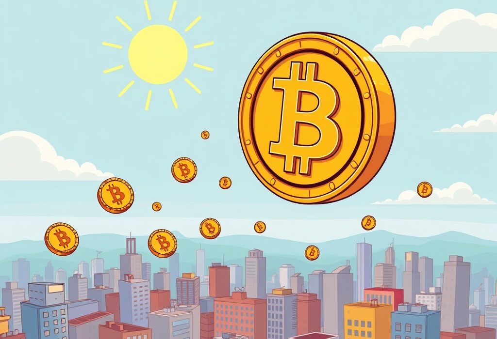 A cartoon illustration depicting the dramatic rise of BTC price, symbolizing a significant surge in the cryptocurrency market.