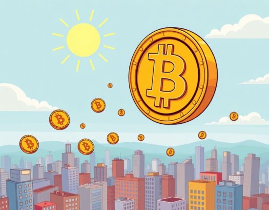 A cartoon illustration depicting the dramatic rise of BTC price, symbolizing a significant surge in the cryptocurrency market.