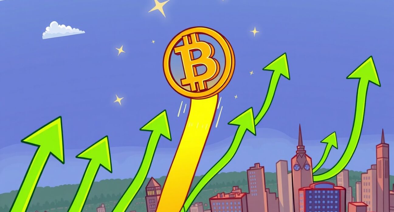 A cartoon Bitcoin soaring above a city, illustrating the incredible surge in Bitcoin price and market optimism.