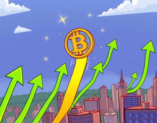 A cartoon Bitcoin soaring above a city, illustrating the incredible surge in Bitcoin price and market optimism.