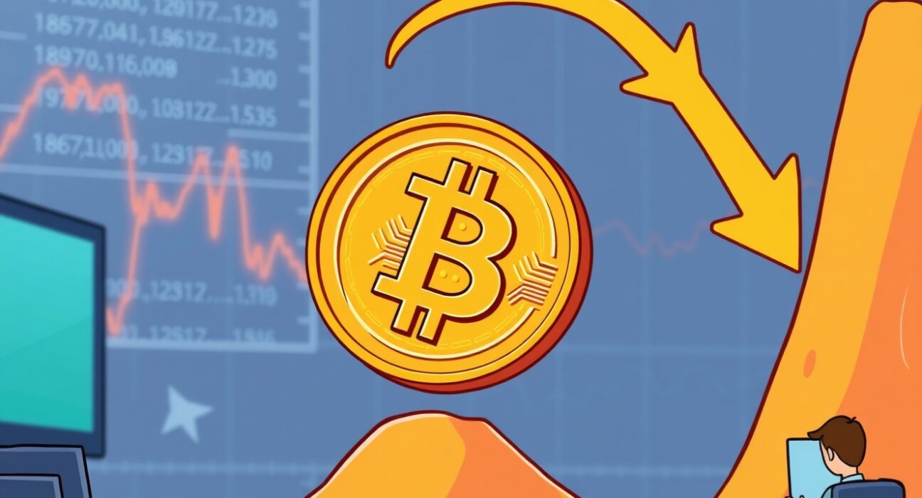 Cartoon illustration showing a Bitcoin symbol descending, representing the recent Bitcoin price fall and market reaction.