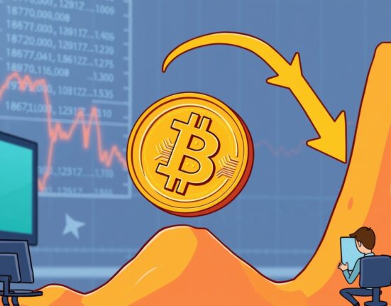 Cartoon illustration showing a Bitcoin symbol descending, representing the recent Bitcoin price fall and market reaction.