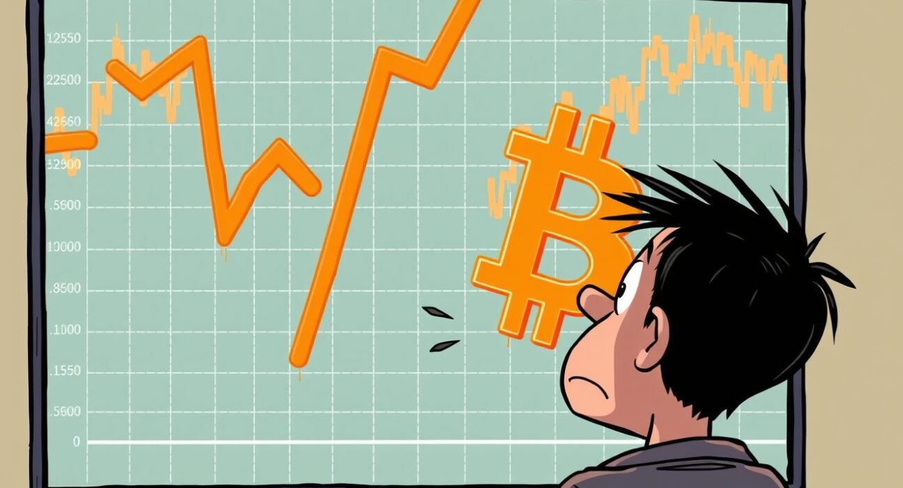 A cartoon investor reacts to the significant Bitcoin price fall, emphasizing market volatility and the drop below $114,000.