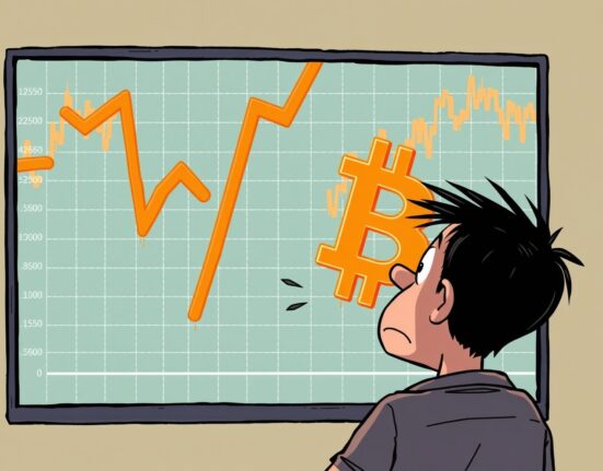 A cartoon investor reacts to the significant Bitcoin price fall, emphasizing market volatility and the drop below $114,000.