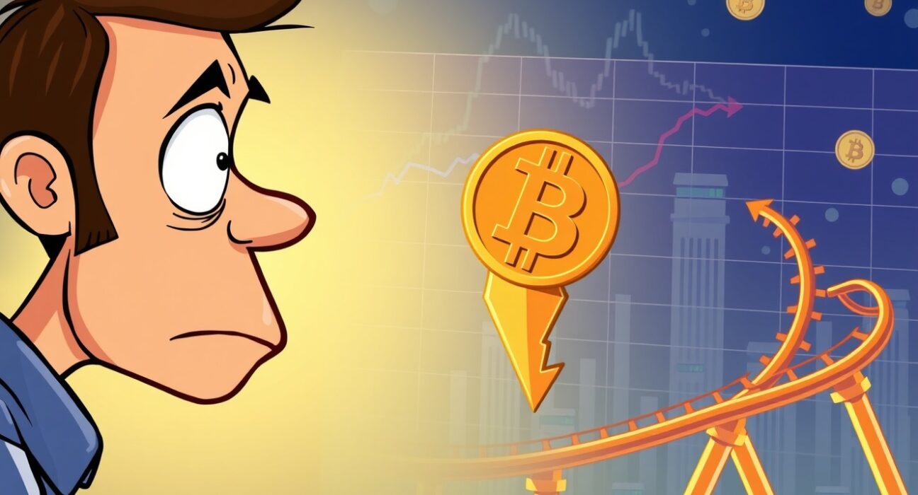 An illustration depicting the sudden Bitcoin price fall, with digital coins dropping on a chart, signaling market volatility and investor reactions.