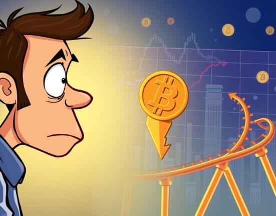 A cartoon illustration showing a significant Bitcoin price fall, causing concern among cryptocurrency investors.