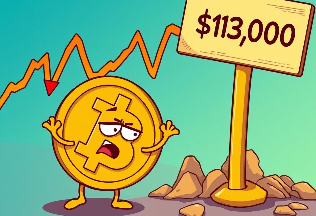 A cartoon Bitcoin coin character reacts to a sudden Bitcoin price fall, illustrating market volatility and investor concern.