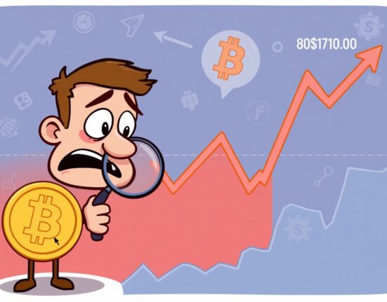 A cartoon Bitcoin coin character reacts to a sudden Bitcoin price fall, illustrating market volatility and investor concern.