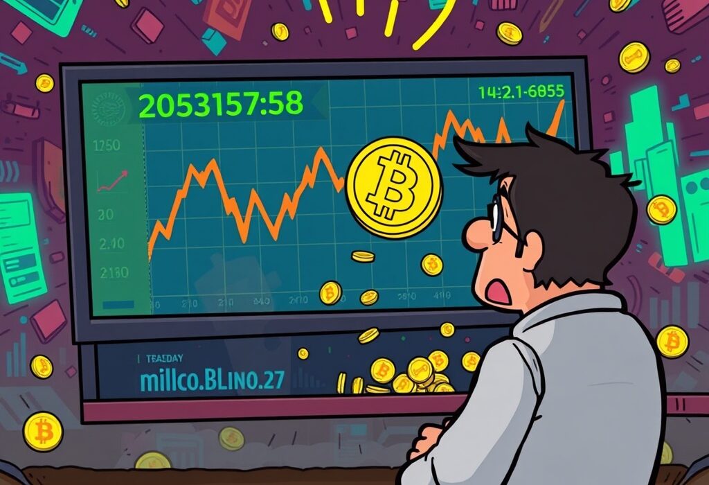 Cartoon showing a Bitcoin price fall, with a digital chart dropping and a large BTC coin tumbling, reflecting market concerns.