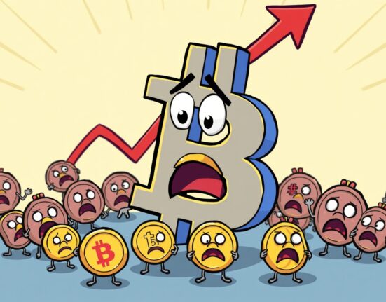 Cartoon illustration of a worried Bitcoin symbol amidst a market dip, representing the recent Bitcoin price fall and investor concerns.
