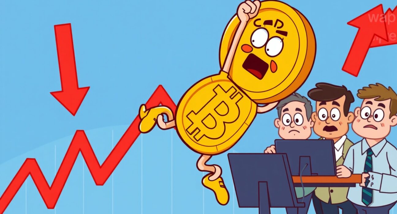 Cartoon illustration showing a sharp Bitcoin price fall, symbolizing market volatility and investor concern.