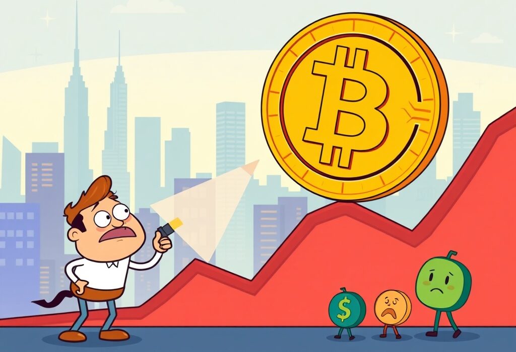 Cartoon illustration showing a Bitcoin price fall, with an investor analyzing market data after BTC drops below $112,000.