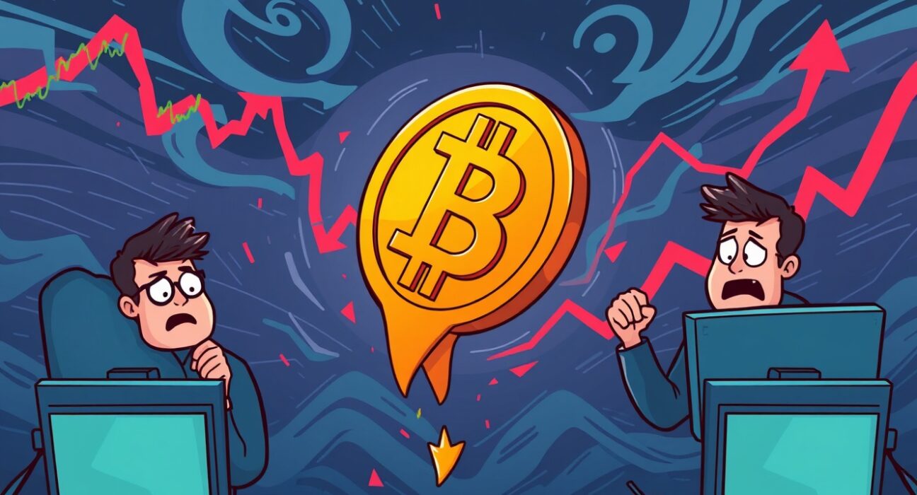 Cartoon illustration of a Bitcoin price fall, showing a BTC coin dropping amidst market charts, signaling recent market volatility.