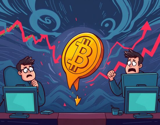 Cartoon illustration of a Bitcoin price fall, showing a BTC coin dropping amidst market charts, signaling recent market volatility.