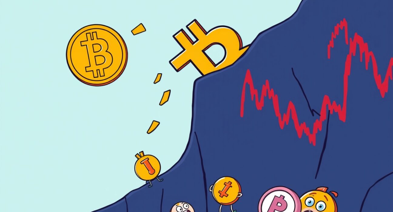 Cartoon showing a dramatic Bitcoin price fall, impacting the broader cryptocurrency market.