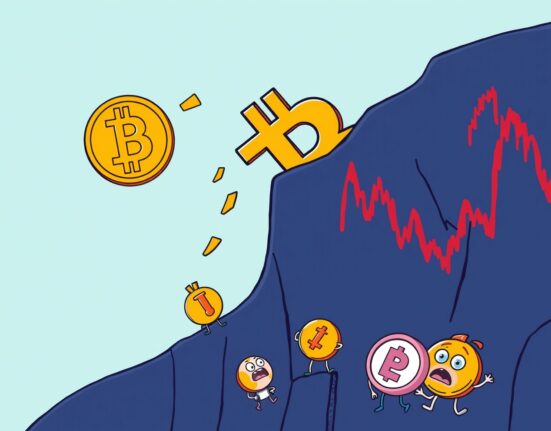 Cartoon showing a dramatic Bitcoin price fall, impacting the broader cryptocurrency market.