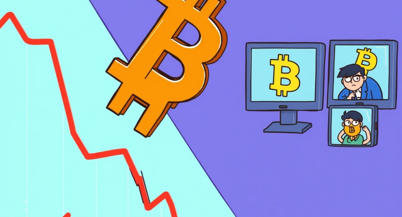 A cartoon illustration showing a significant Bitcoin price fall, with the BTC logo dropping on a chart, indicating market volatility and investor concern.