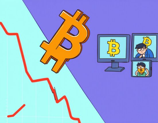 A cartoon illustration showing a significant Bitcoin price fall, with the BTC logo dropping on a chart, indicating market volatility and investor concern.