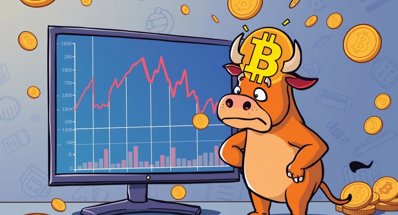 Bitcoin price dropping dramatically on a colorful financial chart illustration