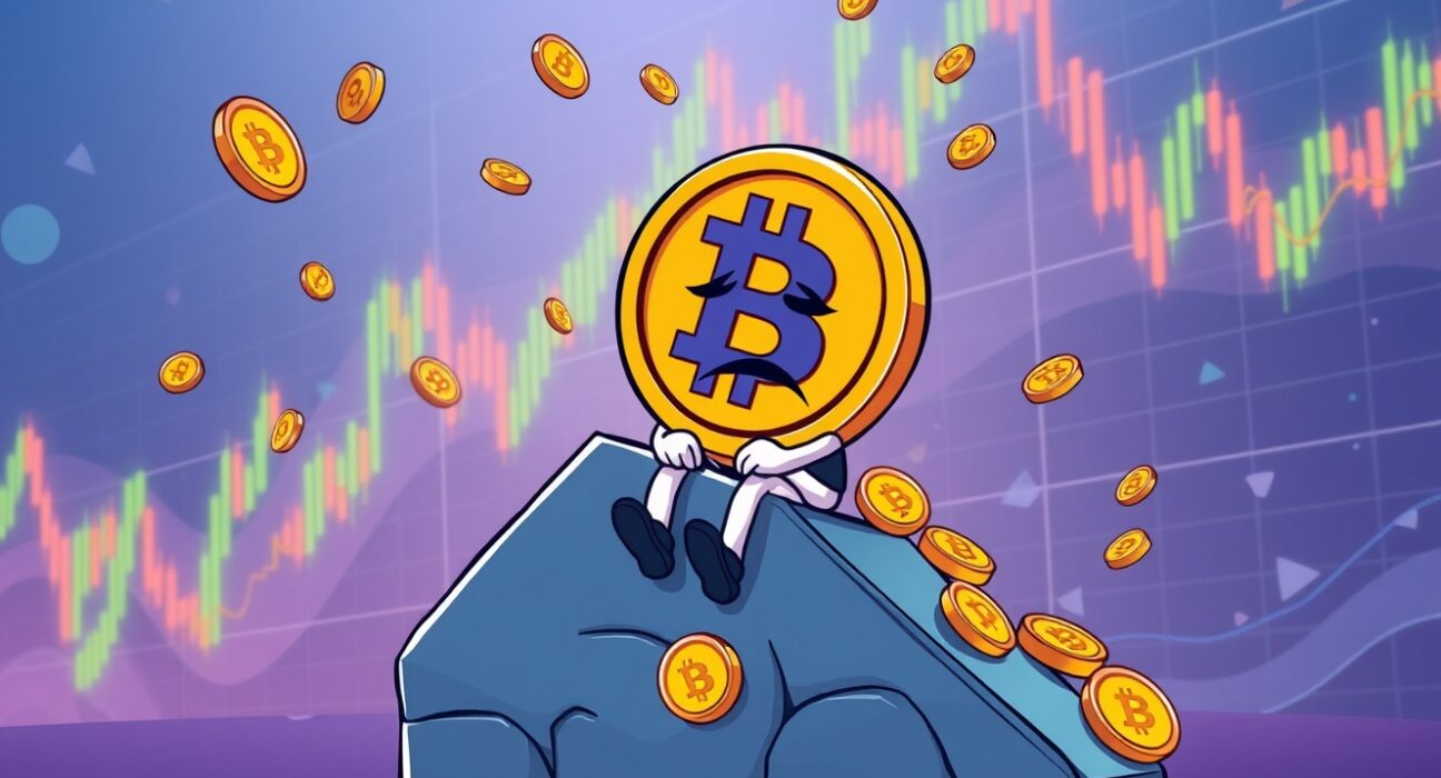 Bitcoin price dropping dramatically on an exaggerated cartoon market chart