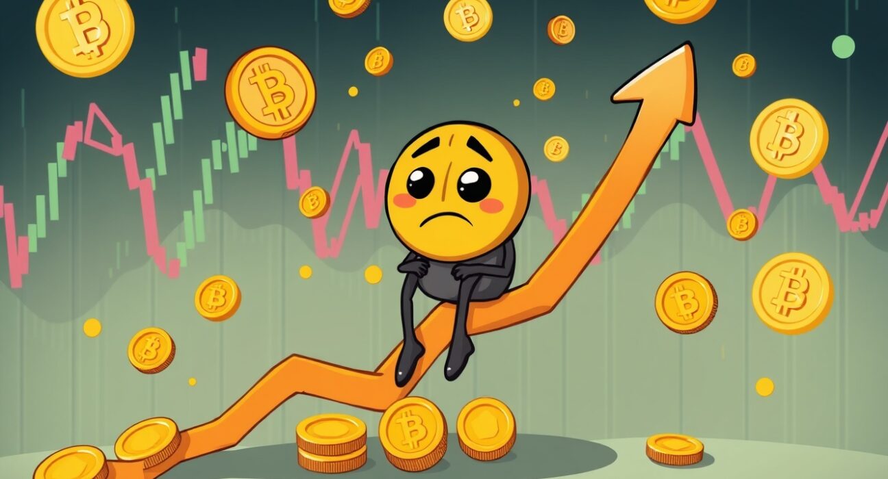 Bitcoin price decline shown through cartoon cryptocurrency character on falling graph