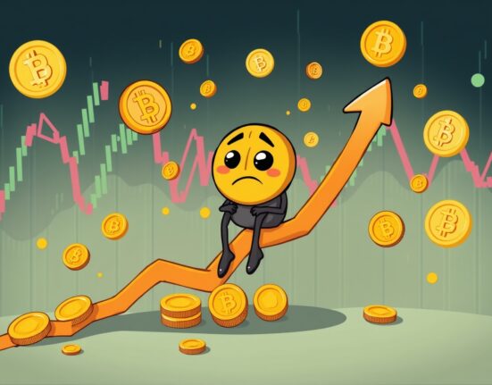 Bitcoin price decline shown through cartoon cryptocurrency character on falling graph