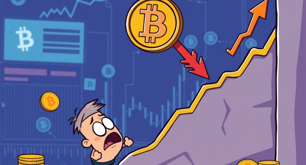 Bitcoin price crash showing digital coin falling below critical support level on financial chart