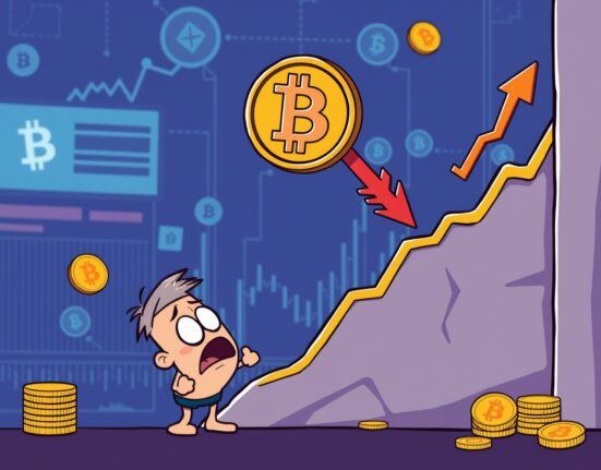 Bitcoin price crash showing digital coin falling below critical support level on financial chart