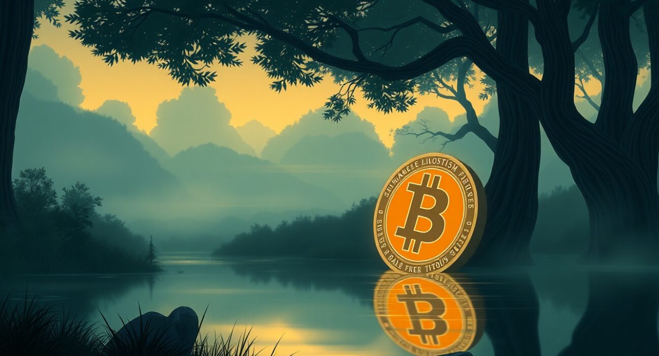 Bitcoin price decline represented as a digital asset in a reflective natural setting