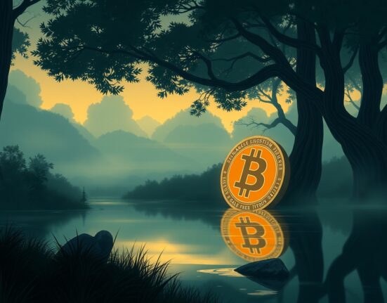 Bitcoin price decline represented as a digital asset in a reflective natural setting