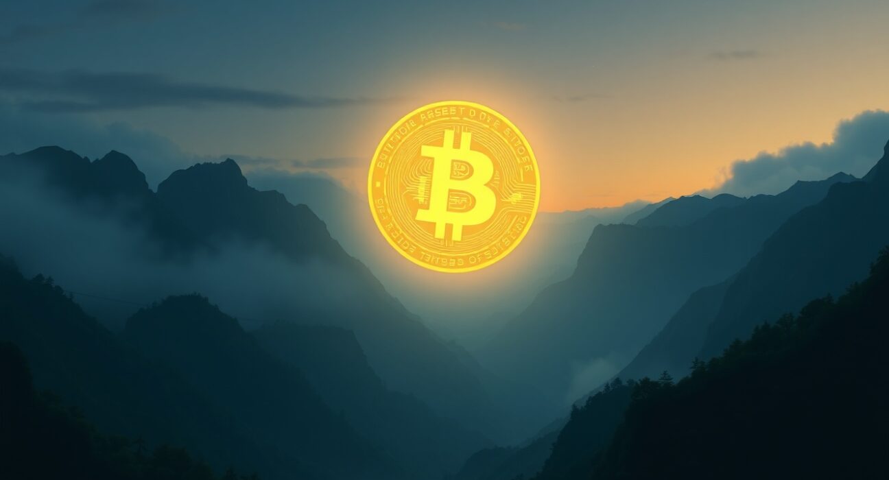 Bitcoin price decline represented as a digital asset descending in a reflective market landscape.