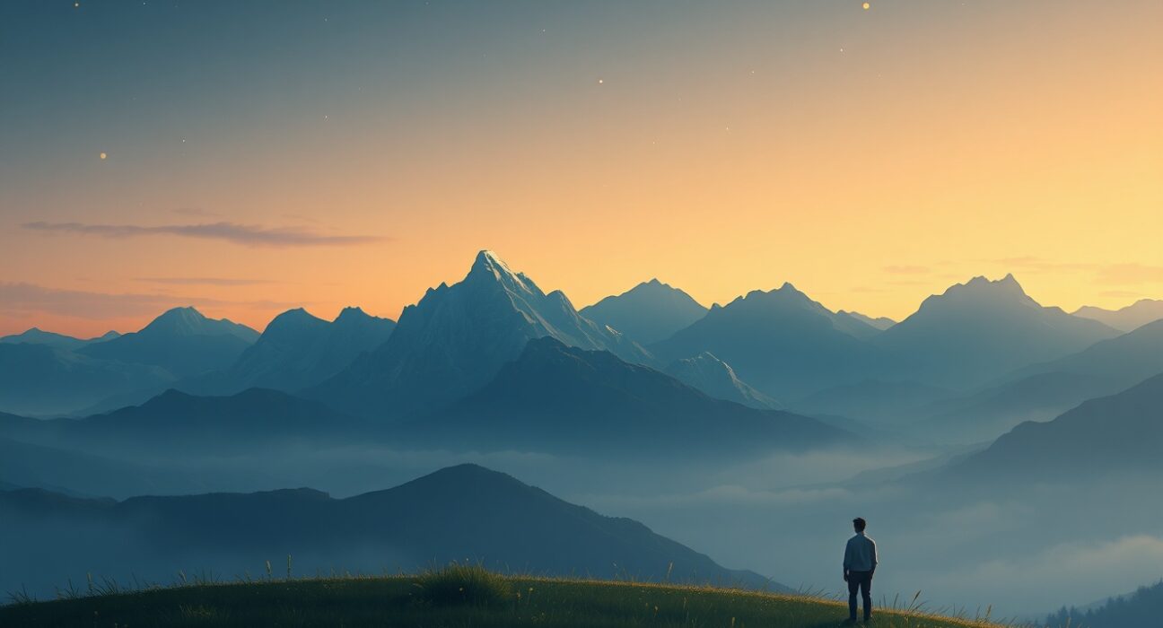 Bitcoin price volatility represented as a digital mountain range in a serene landscape