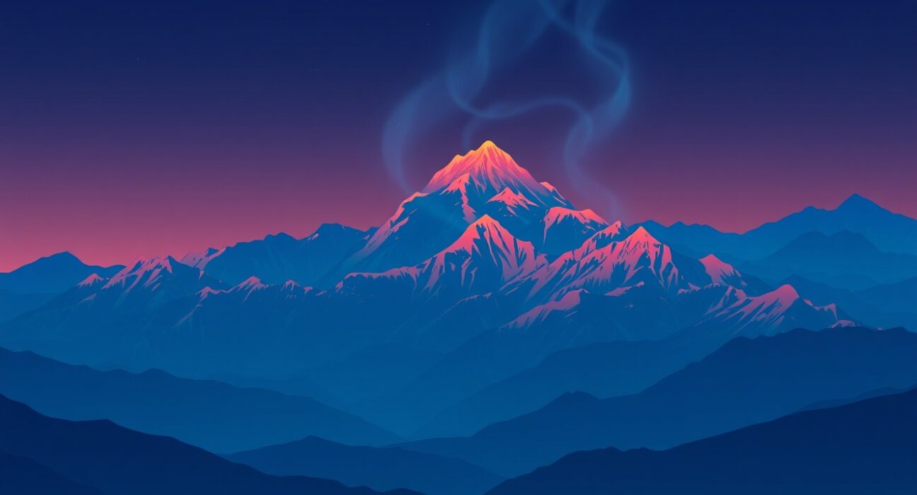 Bitcoin price volatility represented as glowing digital mountains in a cryptocurrency landscape