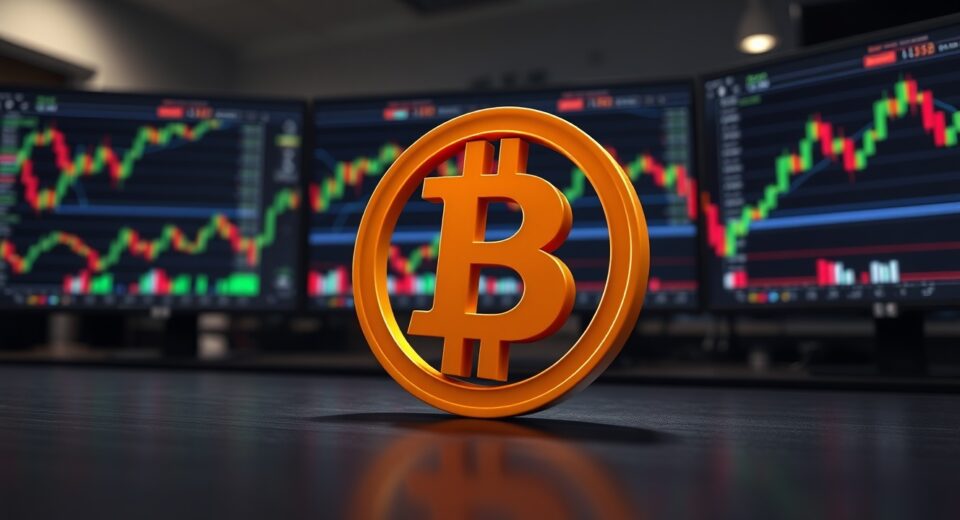 Bitcoin symbol on a trading desk representing the recent BTC price drop below $72,000.