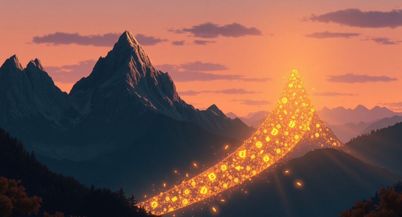 Bitcoin price decline visualized as a digital mountain crumbling in a serene landscape