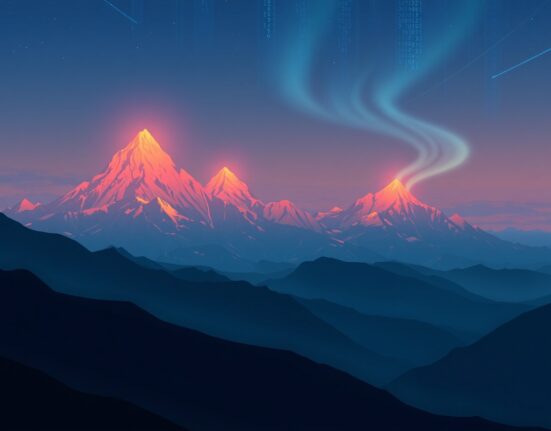 Bitcoin price decline visualized as a digital mountain crumbling in a serene landscape