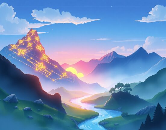 Bitcoin price volatility represented as glowing digital mountains in a magical landscape