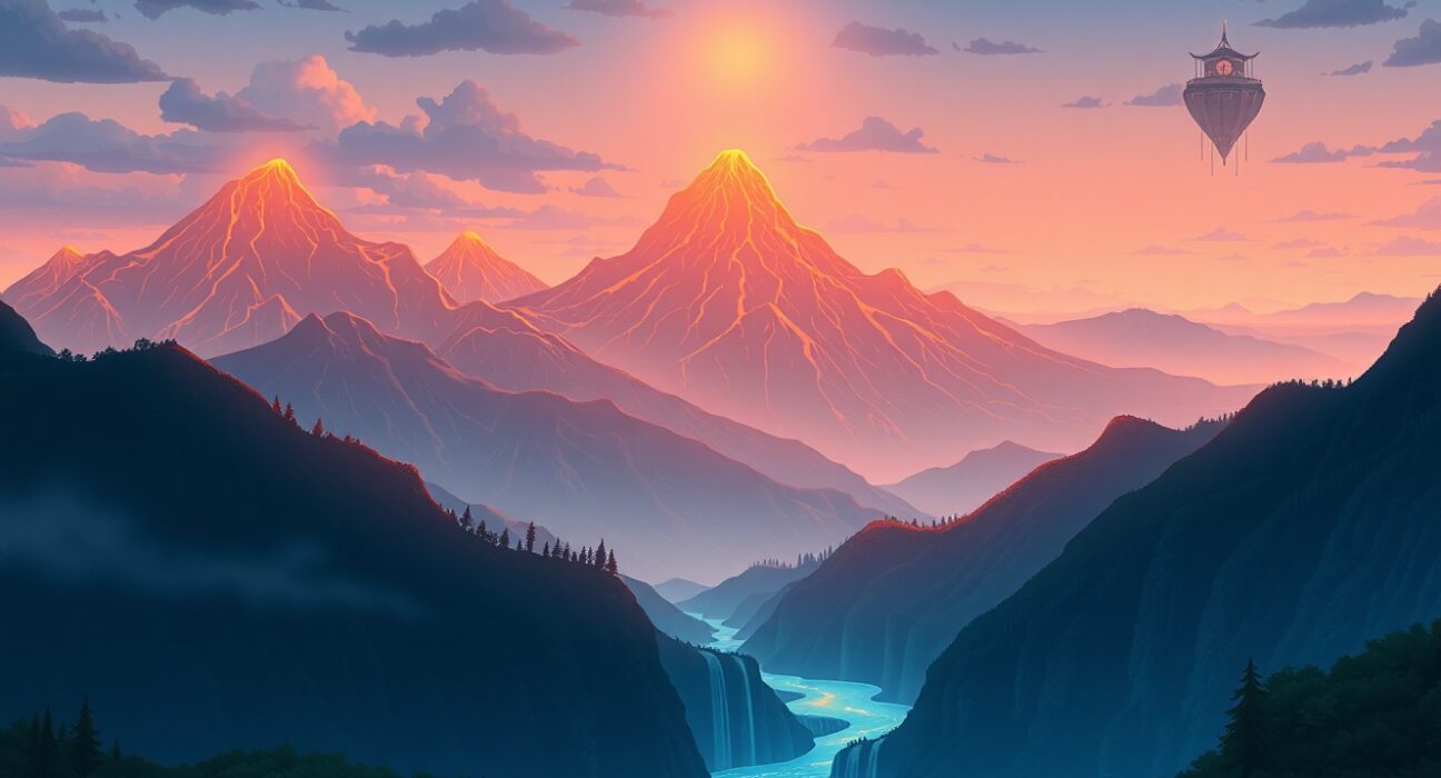 Bitcoin price drop visualized as glowing digital mountains in a serene blockchain landscape