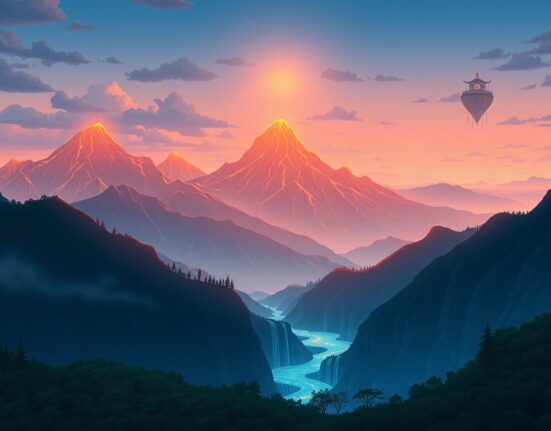 Bitcoin price drop visualized as glowing digital mountains in a serene blockchain landscape