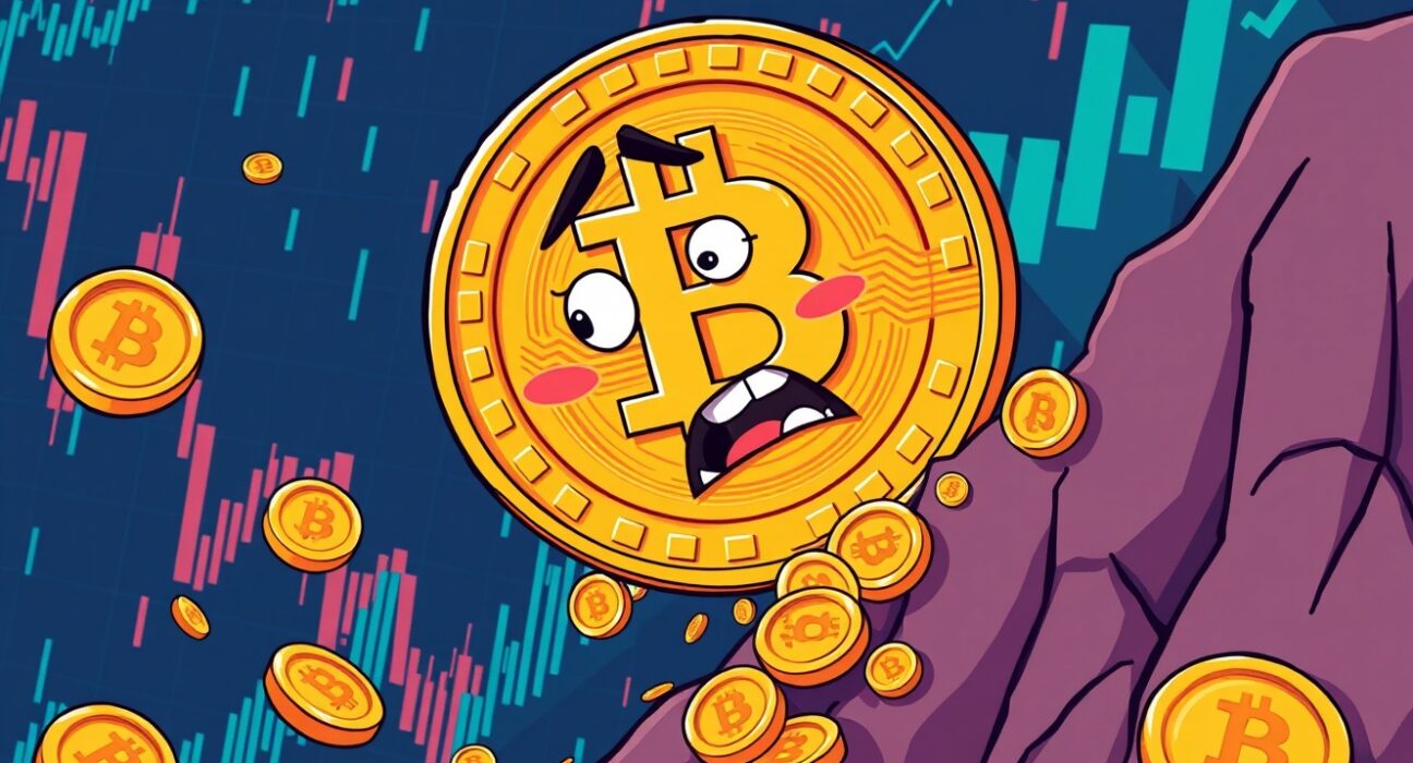 Bitcoin price crash showing digital coin falling below critical support level on market chart